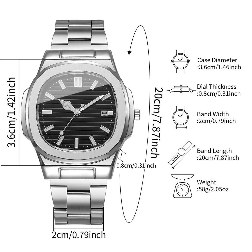 Luxury Men Business Square Dial Watches Stainless Steel Strap Quartz Watch (Without Box）