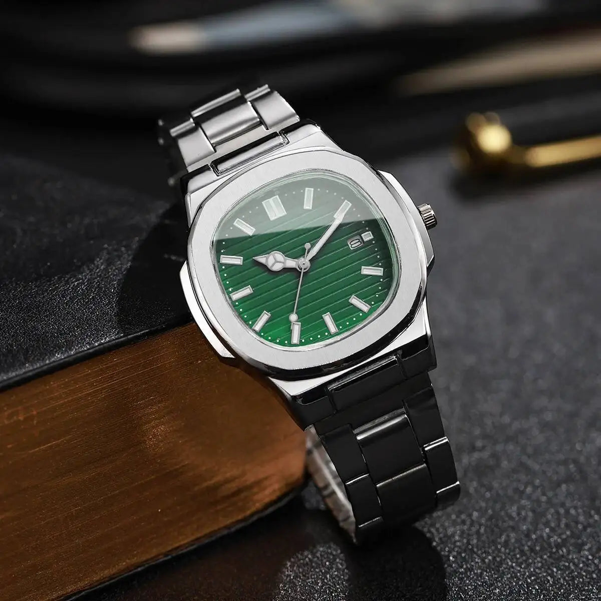 Luxury Men Business Square Dial Watches Stainless Steel Strap Quartz Watch (Without Box）