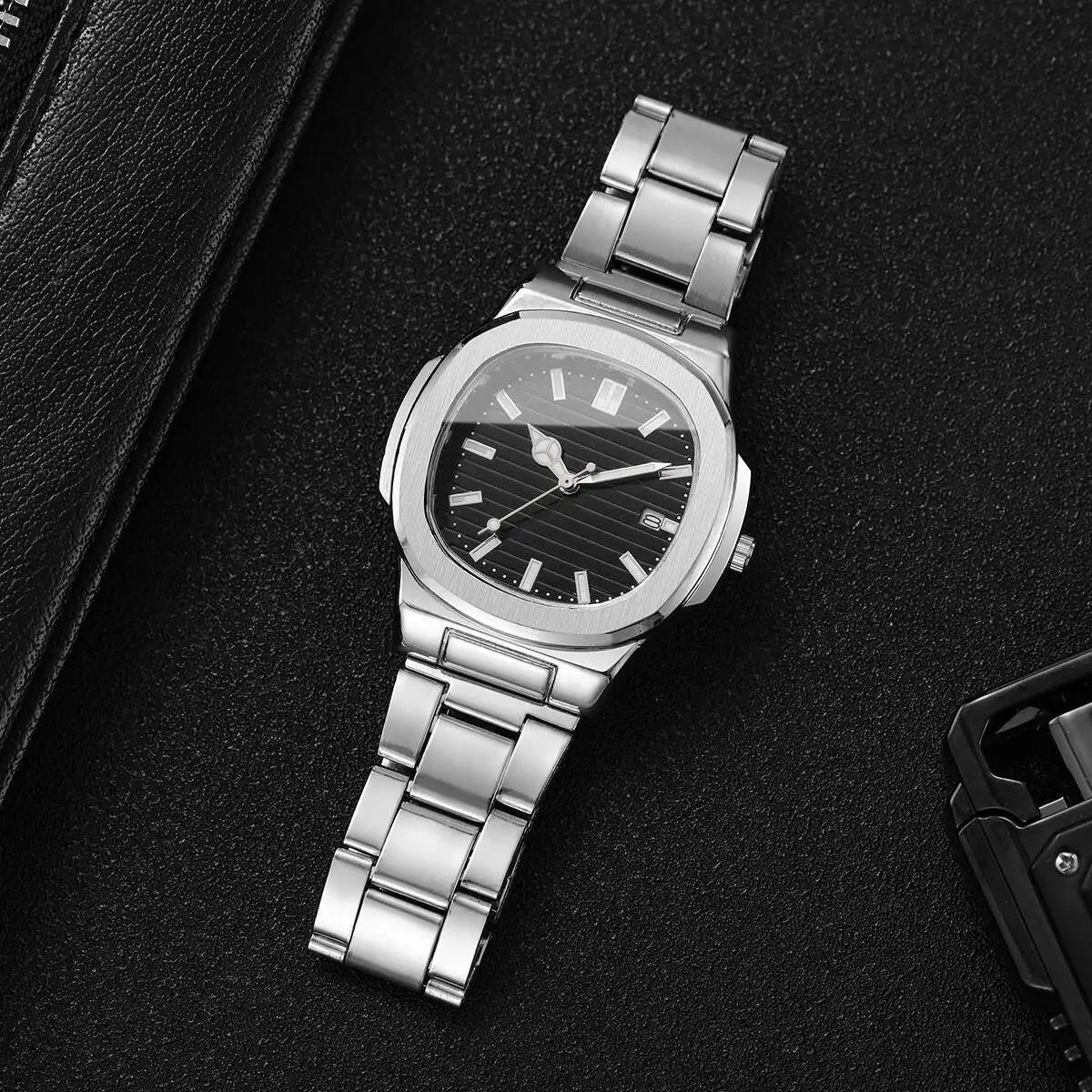 Luxury Men Business Square Dial Watches Stainless Steel Strap Quartz Watch (Without Box）