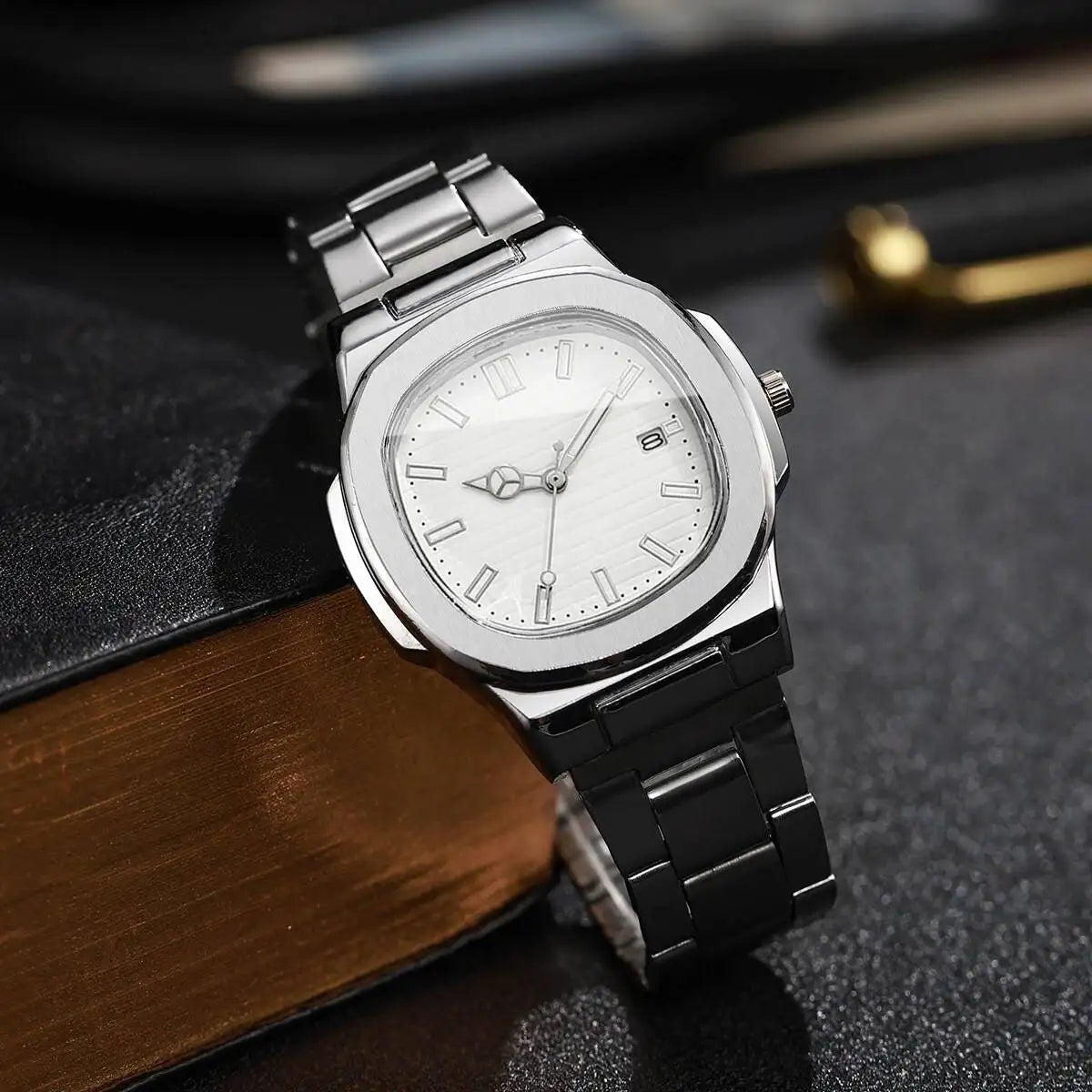 Luxury Men Business Square Dial Watches Stainless Steel Strap Quartz Watch (Without Box）