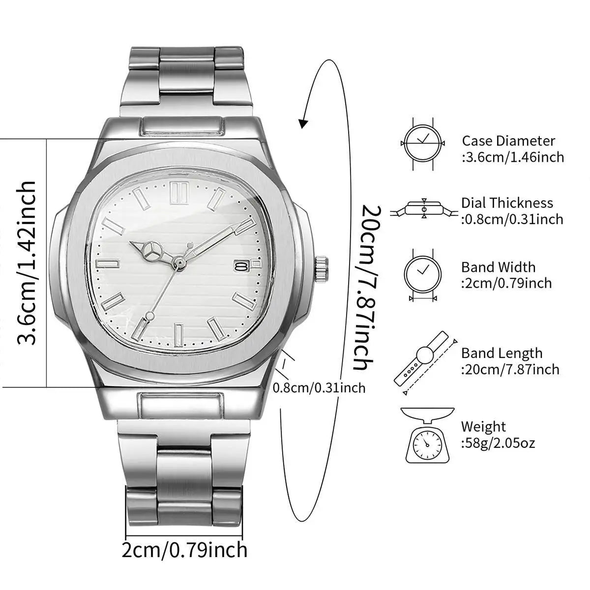 Luxury Men Business Square Dial Watches Stainless Steel Strap Quartz Watch (Without Box）