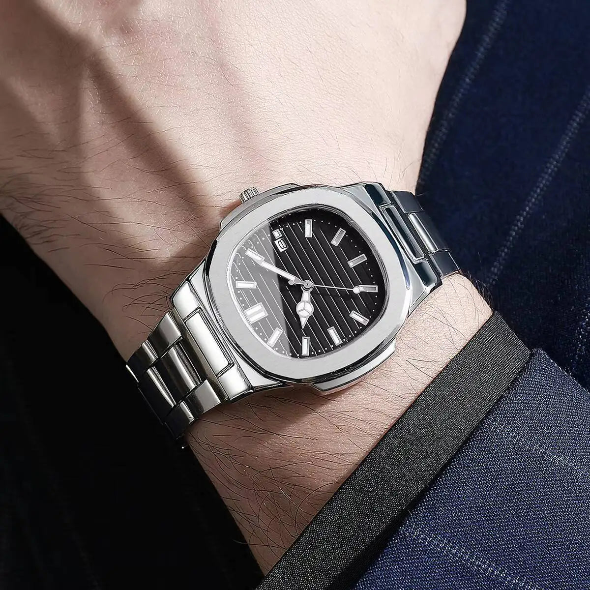 Luxury Men Business Square Dial Watches Stainless Steel Strap Quartz Watch (Without Box）